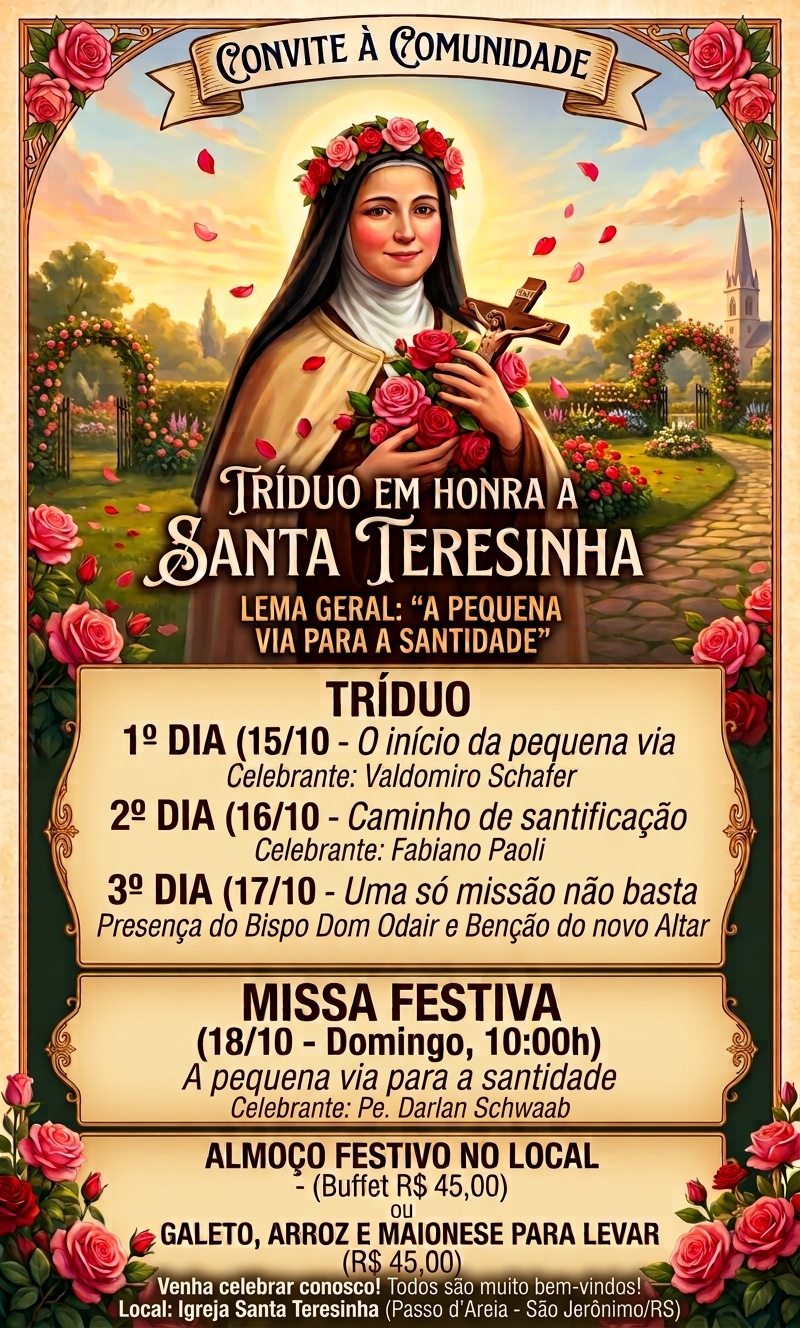 Cartaz oficial de convite à comunidade para o Tríduo e a Festa em Honra a Santa Teresinha de 2026, com o lema 'A Pequena Via para a Santidade', datas do Tríduo (15, 16 e 17 de outubro), Missa Festiva no domingo, dia 18 de outubro às 10h com o celebrante Pe. Darlan Schwaab, e almoço festivo no local.