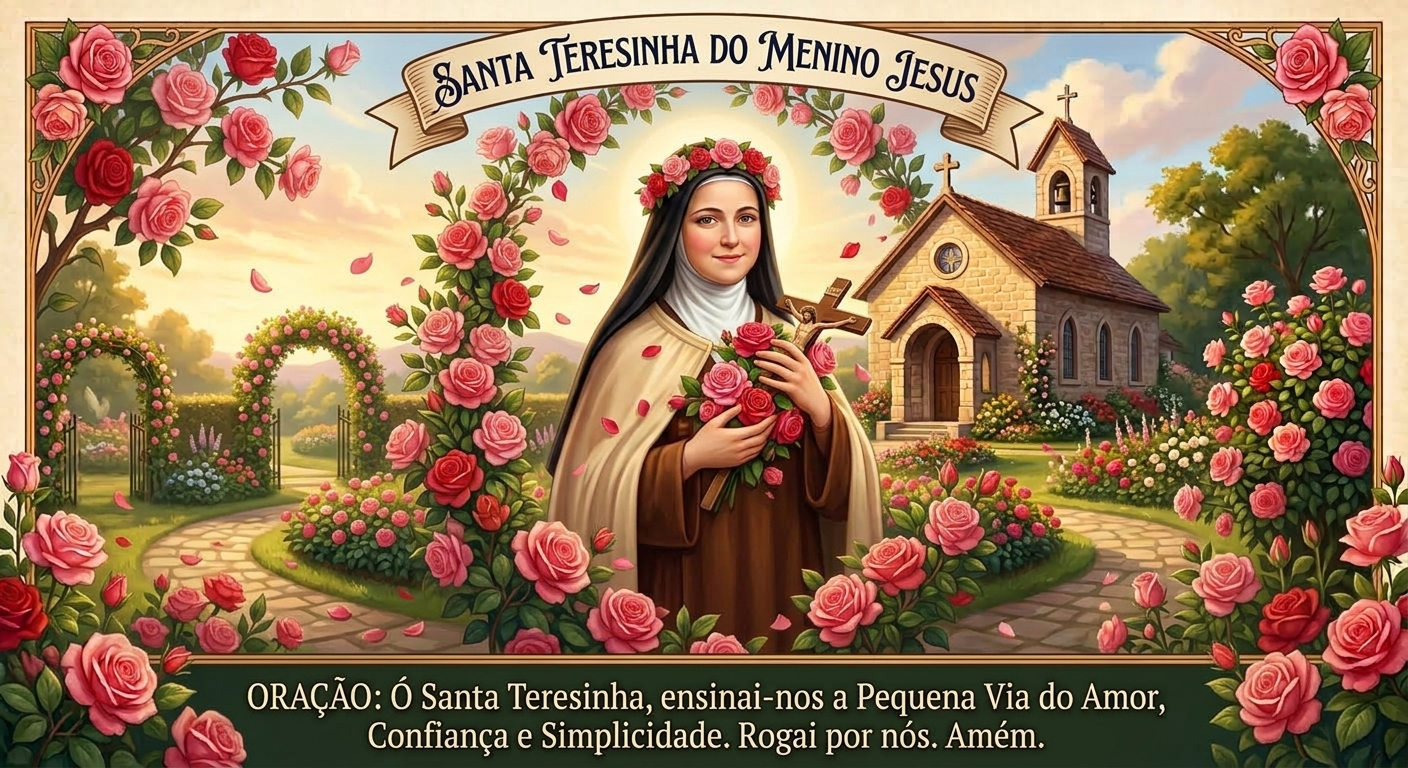 Ilustração devocional de Santa Teresinha do Menino Jesus, com um crucifixo e rosas nas mãos, tendo ao fundo uma capela cercada por jardins floridos.